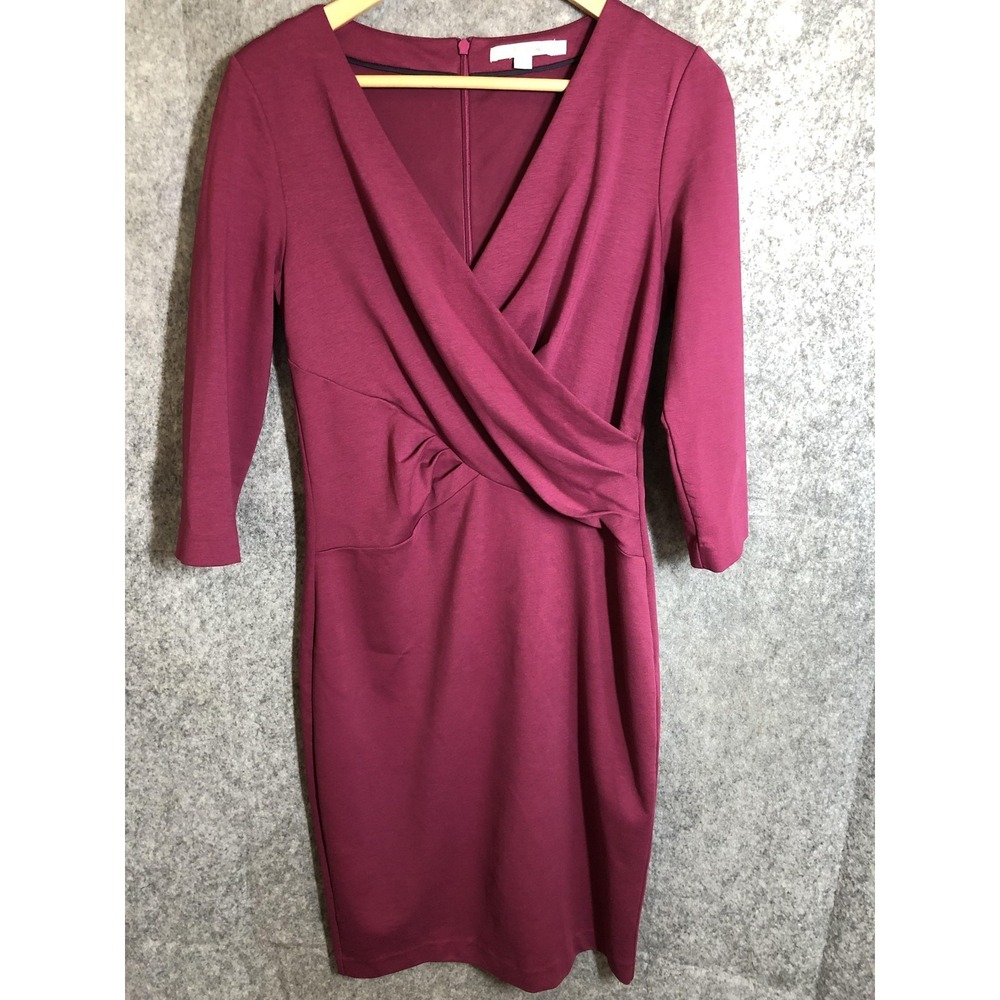 Boden Dress Womens‎ 8R Burgundy Wrap Ruched 3/4 Sleeve Sheath Knee Length UK 12R
